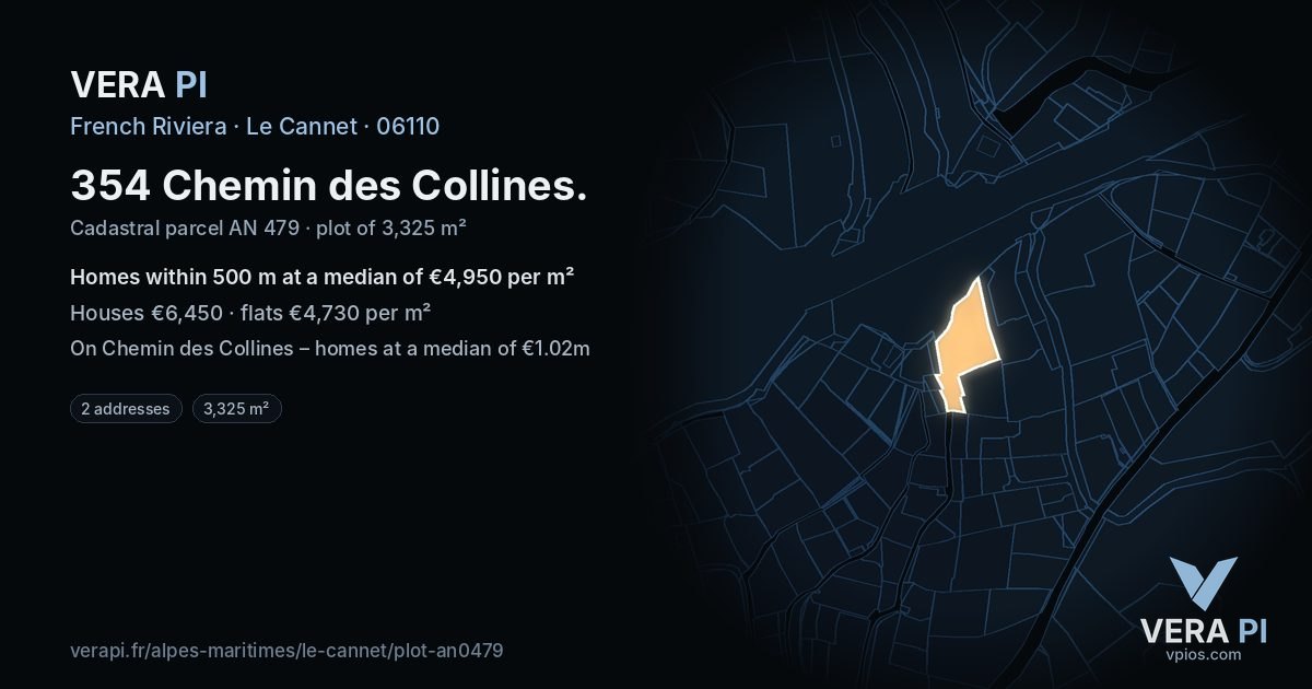 354 Chemin des Collines, Le Cannet at night – the plot lit, the parcels around coloured by the prices near them