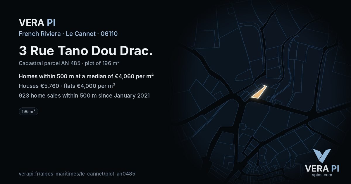 3 Rue Tano Dou Drac, Le Cannet at night – the plot lit, the parcels around coloured by the prices near them