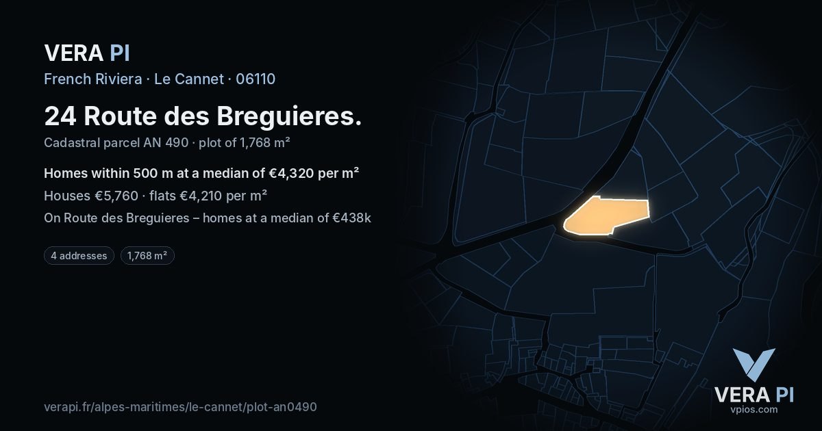 24 Route des Breguieres, Le Cannet at night – the plot lit, the parcels around coloured by the prices near them