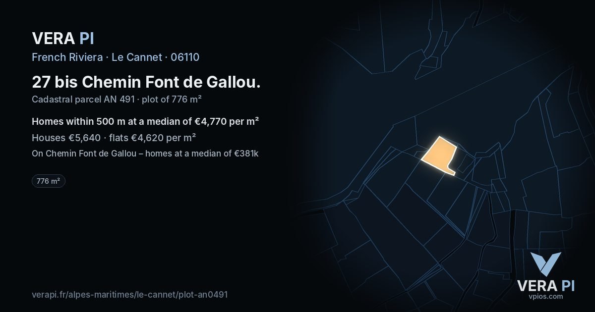 27 bis Chemin Font de Gallou, Le Cannet at night – the plot lit, the parcels around coloured by the prices near them