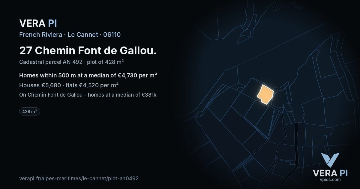27 Chemin Font de Gallou, Le Cannet at night – the plot lit, the parcels around coloured by the prices near them