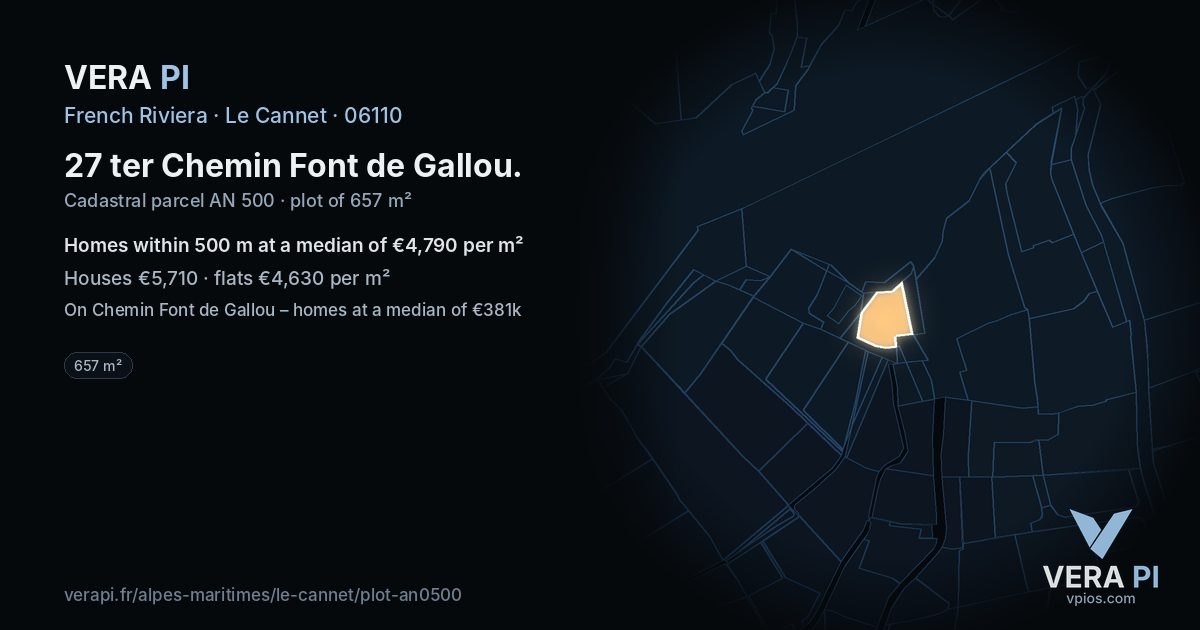 27 ter Chemin Font de Gallou, Le Cannet at night – the plot lit, the parcels around coloured by the prices near them