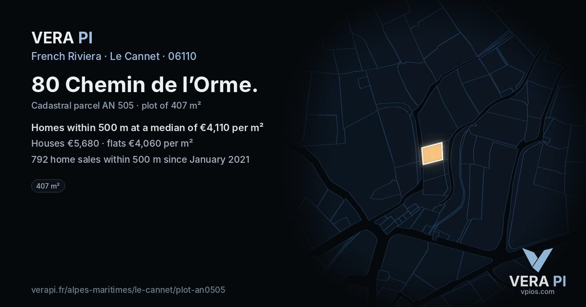 80 Chemin de l’Orme, Le Cannet at night – the plot lit, the parcels around coloured by the prices near them