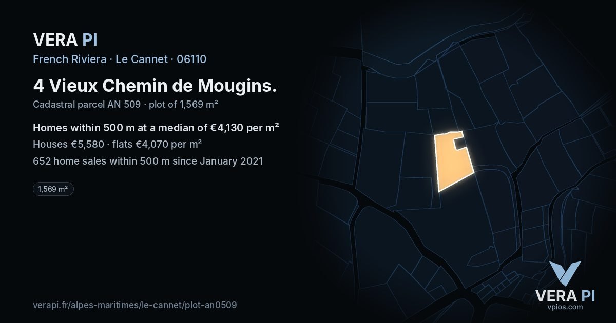 4 Vieux Chemin de Mougins, Le Cannet at night – the plot lit, the parcels around coloured by the prices near them