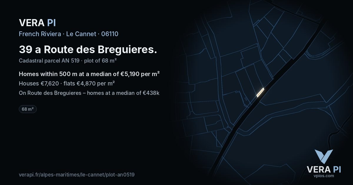 39 a Route des Breguieres, Le Cannet at night – the plot lit, the parcels around coloured by the prices near them