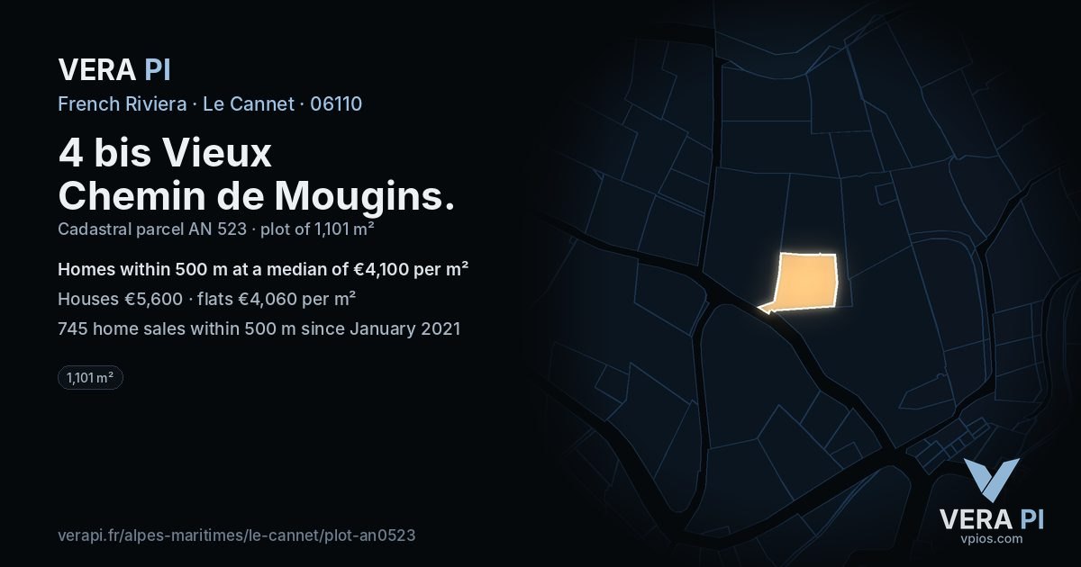 4 bis Vieux Chemin de Mougins, Le Cannet at night – the plot lit, the parcels around coloured by the prices near them