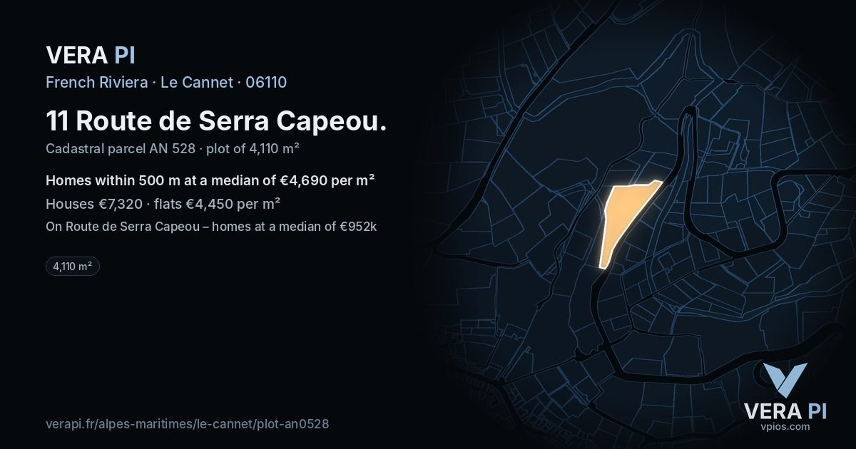 11 Route de Serra Capeou, Le Cannet at night – the plot lit, the parcels around coloured by the prices near them