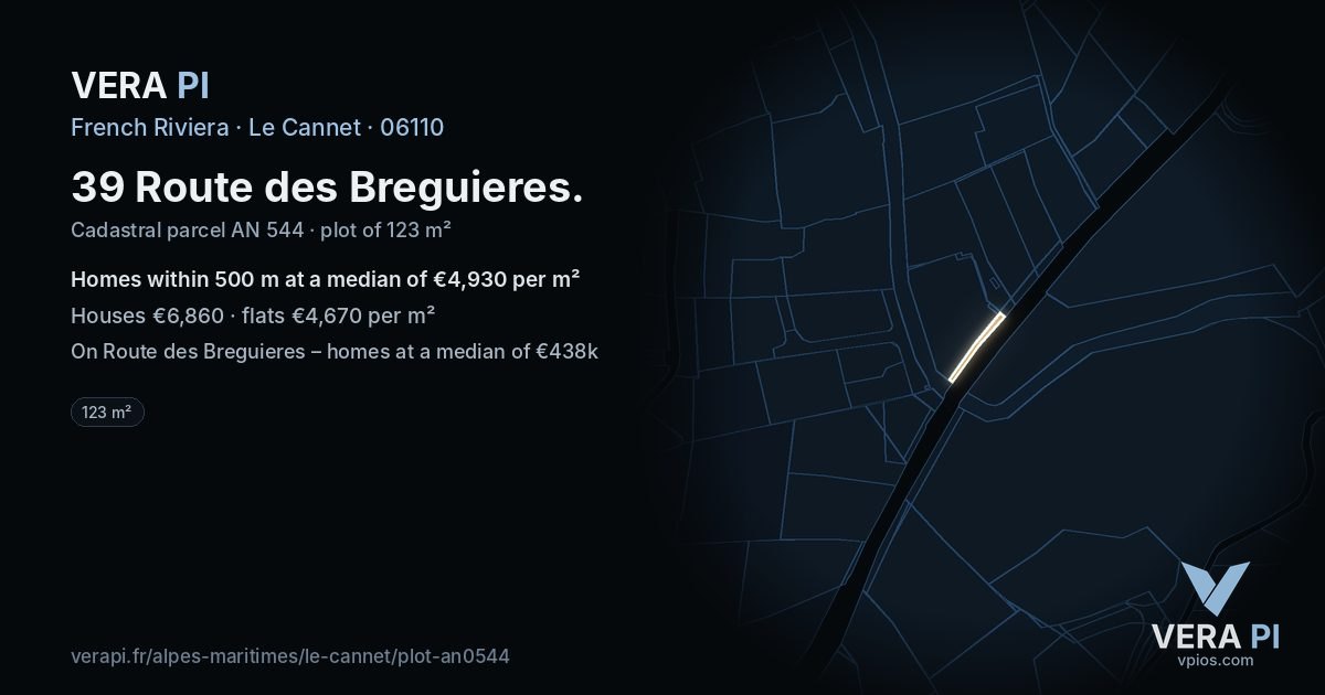 39 Route des Breguieres, Le Cannet at night – the plot lit, the parcels around coloured by the prices near them