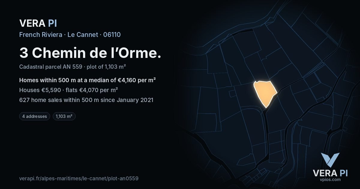 3 Chemin de l’Orme, Le Cannet at night – the plot lit, the parcels around coloured by the prices near them