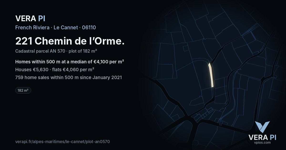 221 Chemin de l’Orme, Le Cannet at night – the plot lit, the parcels around coloured by the prices near them