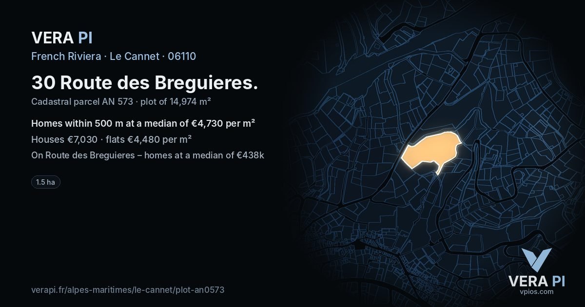 30 Route des Breguieres, Le Cannet at night – the plot lit, the parcels around coloured by the prices near them