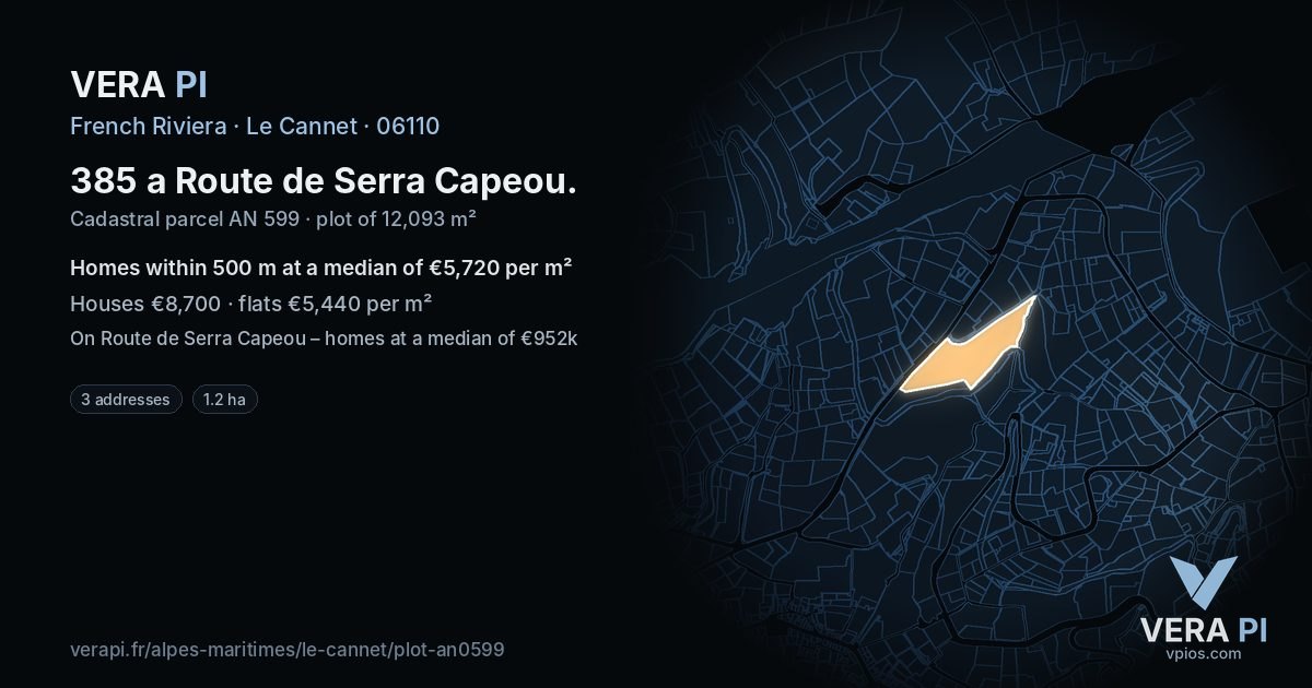 385 a Route de Serra Capeou, Le Cannet at night – the plot lit, the parcels around coloured by the prices near them