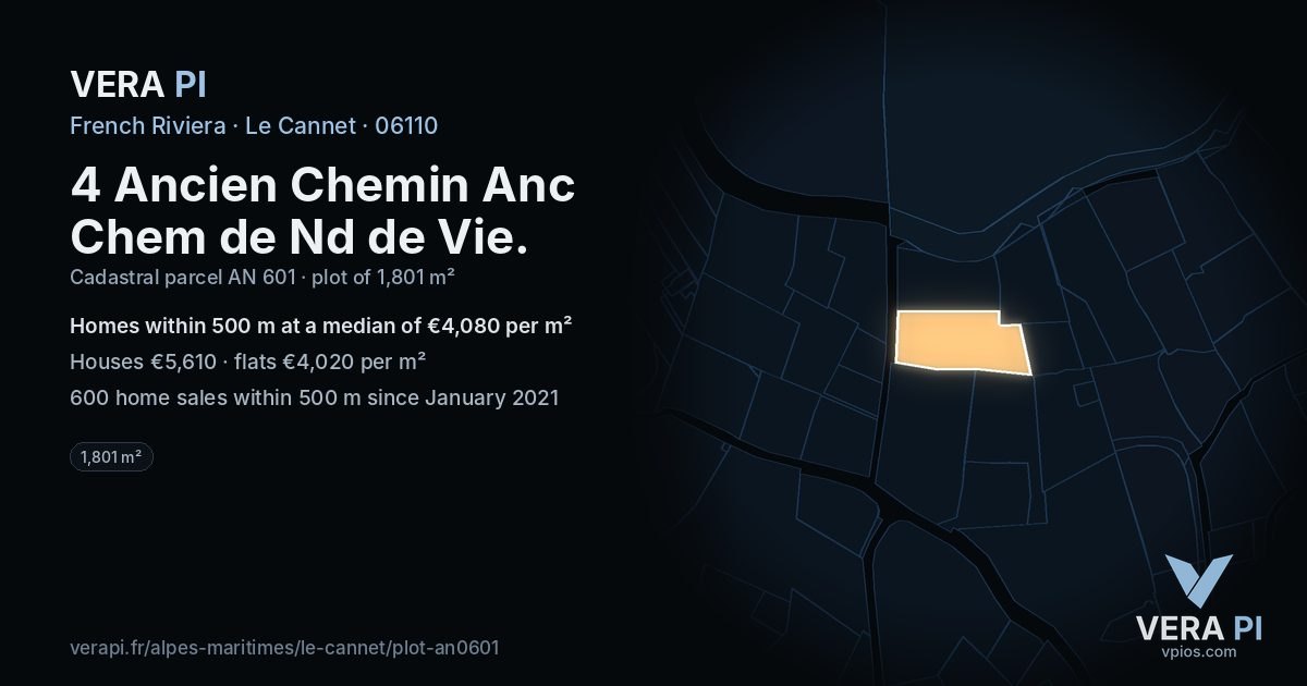 4 Ancien Chemin Anc Chem de Nd de Vie, Le Cannet at night – the plot lit, the parcels around coloured by the prices near them