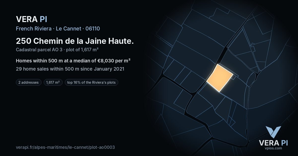 250 Chemin de la Jaine Haute, Le Cannet at night – the plot lit, the parcels around coloured by the prices near them