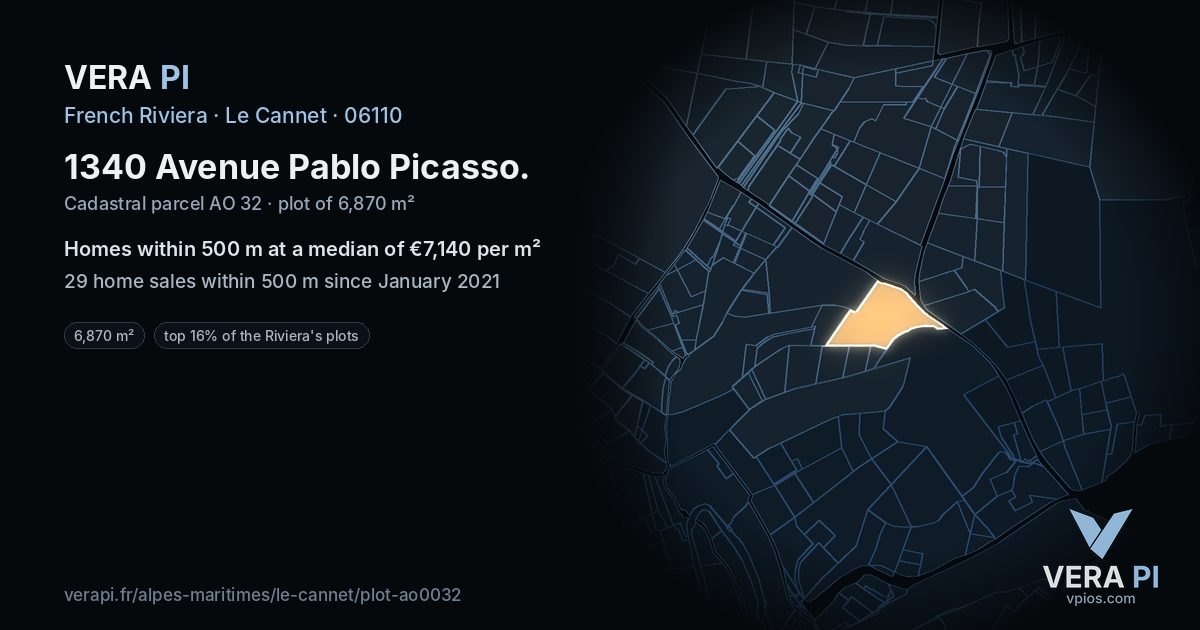 1340 Avenue Pablo Picasso, Le Cannet at night – the plot lit, the parcels around coloured by the prices near them
