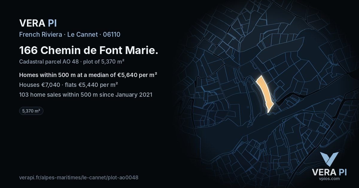 166 Chemin de Font Marie, Le Cannet at night – the plot lit, the parcels around coloured by the prices near them