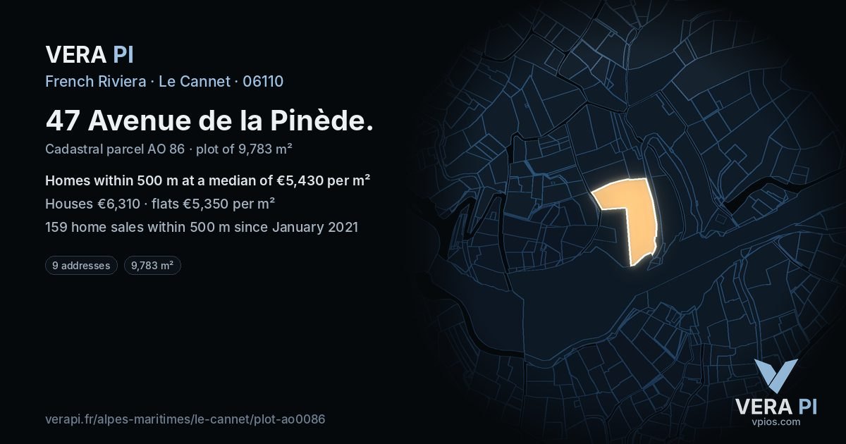 47 Avenue de la Pinède, Le Cannet at night – the plot lit, the parcels around coloured by the prices near them