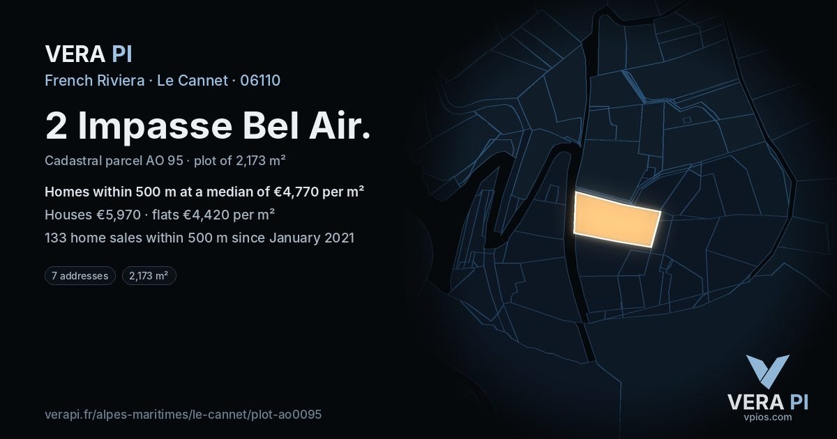 2 Impasse Bel Air, Le Cannet at night – the plot lit, the parcels around coloured by the prices near them