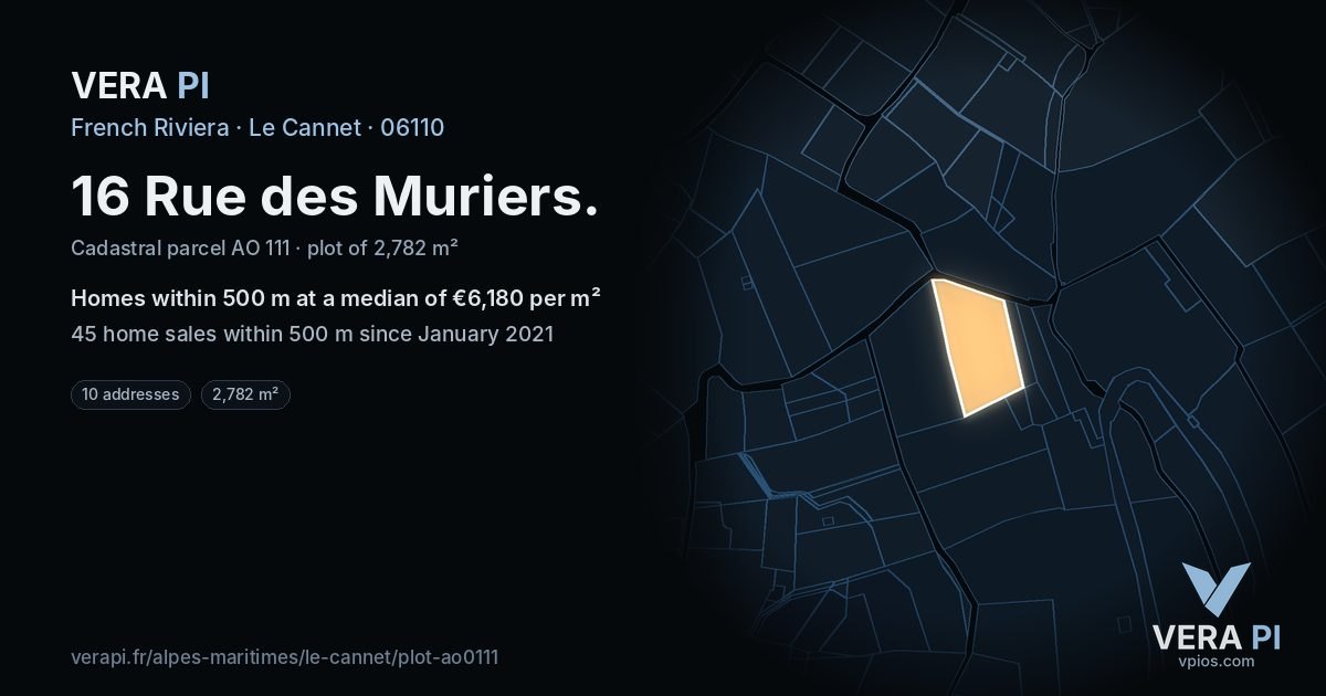 16 Rue des Muriers, Le Cannet at night – the plot lit, the parcels around coloured by the prices near them