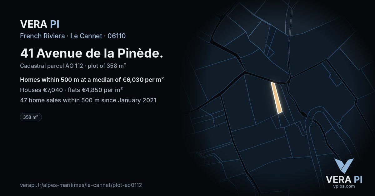 41 Avenue de la Pinède, Le Cannet at night – the plot lit, the parcels around coloured by the prices near them