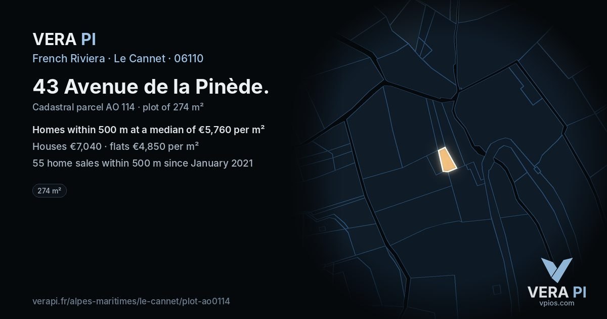 43 Avenue de la Pinède, Le Cannet at night – the plot lit, the parcels around coloured by the prices near them