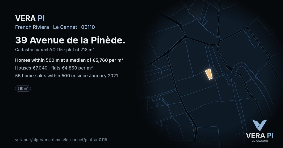 39 Avenue de la Pinède, Le Cannet at night – the plot lit, the parcels around coloured by the prices near them