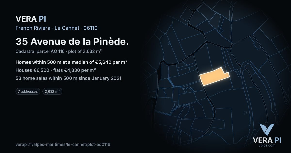 35 Avenue de la Pinède, Le Cannet at night – the plot lit, the parcels around coloured by the prices near them