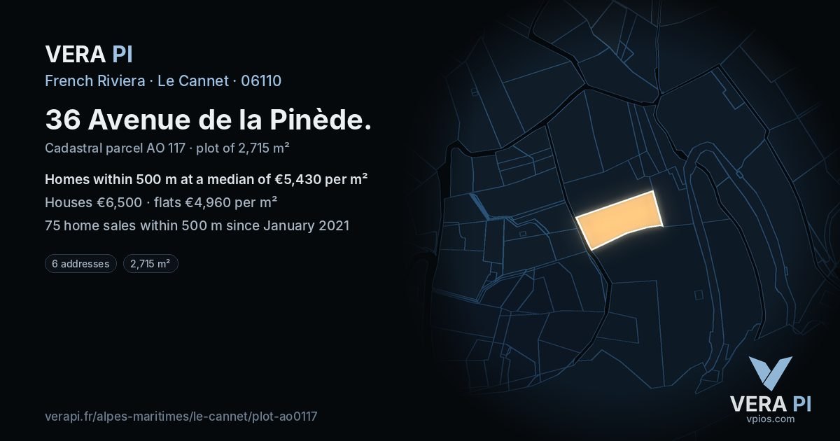 36 Avenue de la Pinède, Le Cannet at night – the plot lit, the parcels around coloured by the prices near them