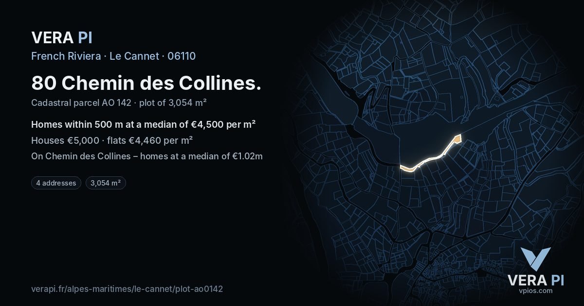 80 Chemin des Collines, Le Cannet at night – the plot lit, the parcels around coloured by the prices near them