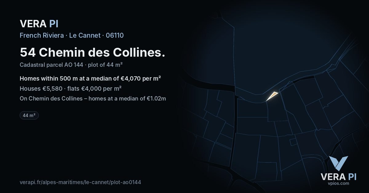 54 Chemin des Collines, Le Cannet at night – the plot lit, the parcels around coloured by the prices near them