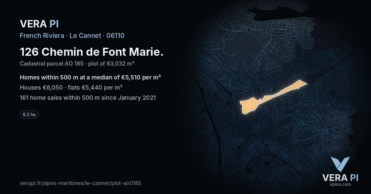 126 Chemin de Font Marie, Le Cannet at night – the plot lit, the parcels around coloured by the prices near them