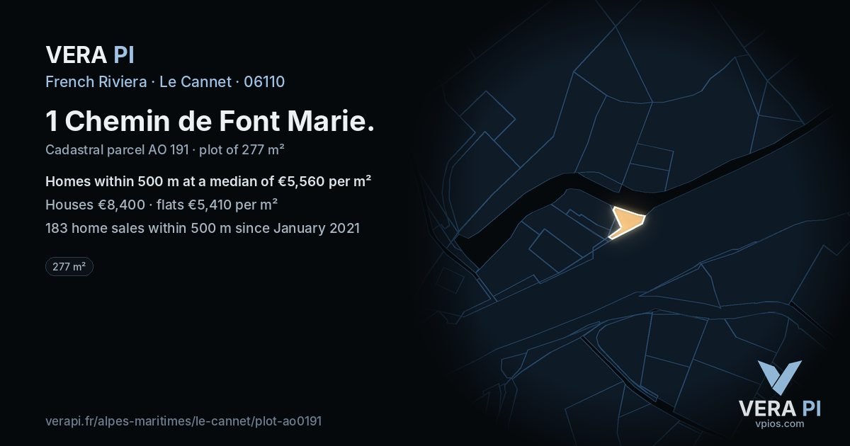 1 Chemin de Font Marie, Le Cannet at night – the plot lit, the parcels around coloured by the prices near them