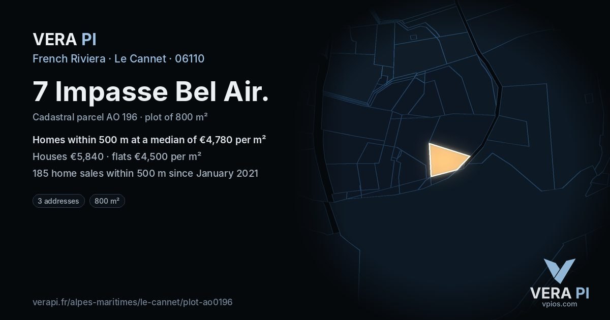 7 Impasse Bel Air, Le Cannet at night – the plot lit, the parcels around coloured by the prices near them