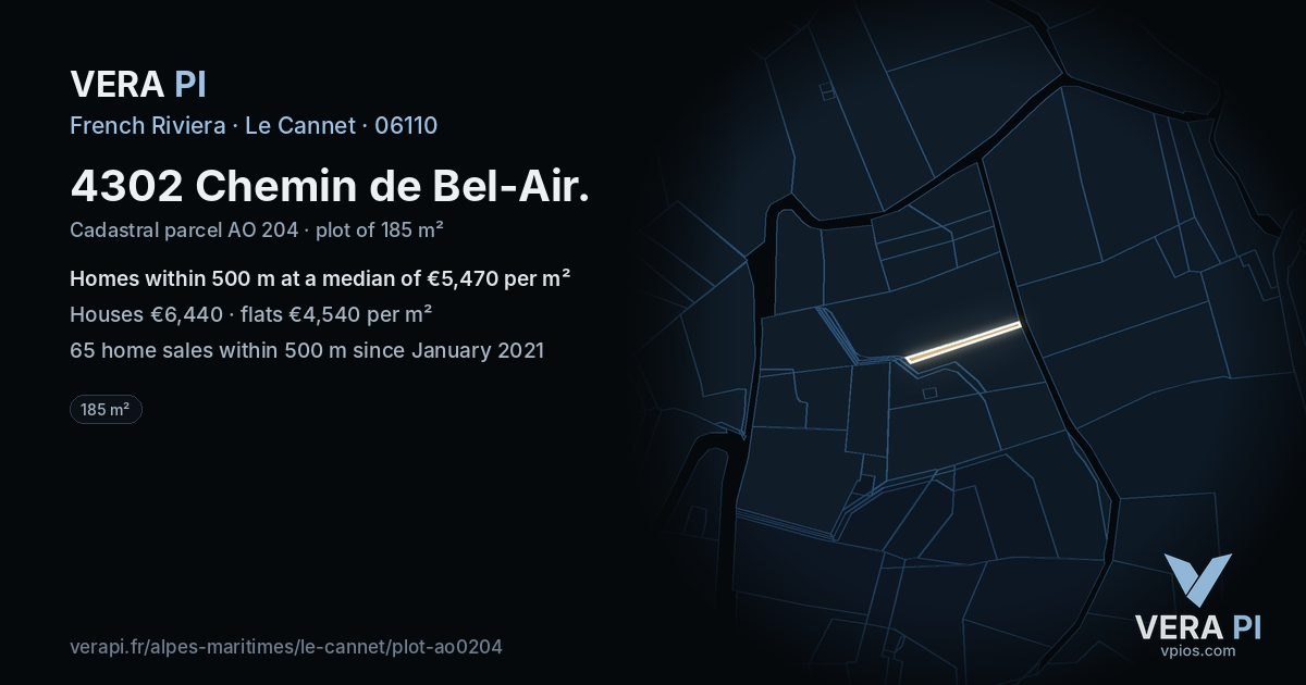 4302 Chemin de Bel-Air, Le Cannet at night – the plot lit, the parcels around coloured by the prices near them
