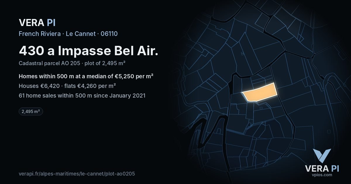 430 a Impasse Bel Air, Le Cannet at night – the plot lit, the parcels around coloured by the prices near them