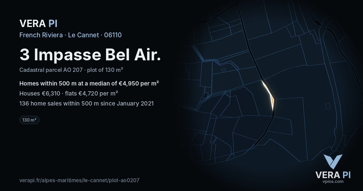 3 Impasse Bel Air, Le Cannet at night – the plot lit, the parcels around coloured by the prices near them