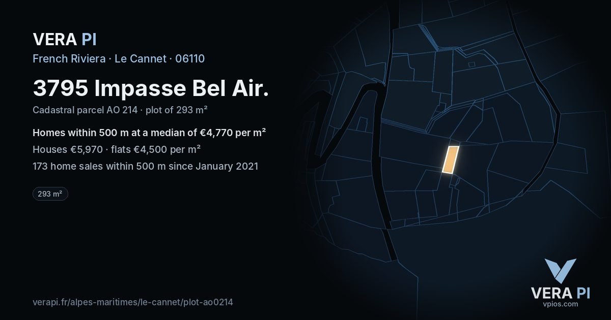 3795 Impasse Bel Air, Le Cannet at night – the plot lit, the parcels around coloured by the prices near them