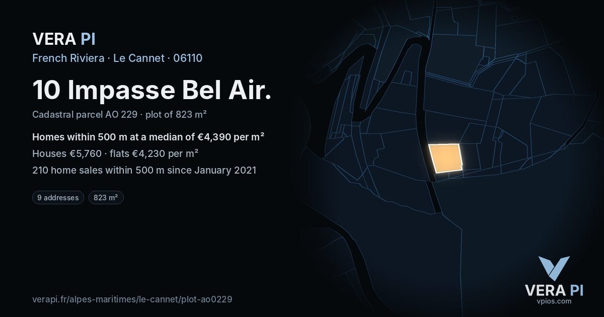 10 Impasse Bel Air, Le Cannet at night – the plot lit, the parcels around coloured by the prices near them