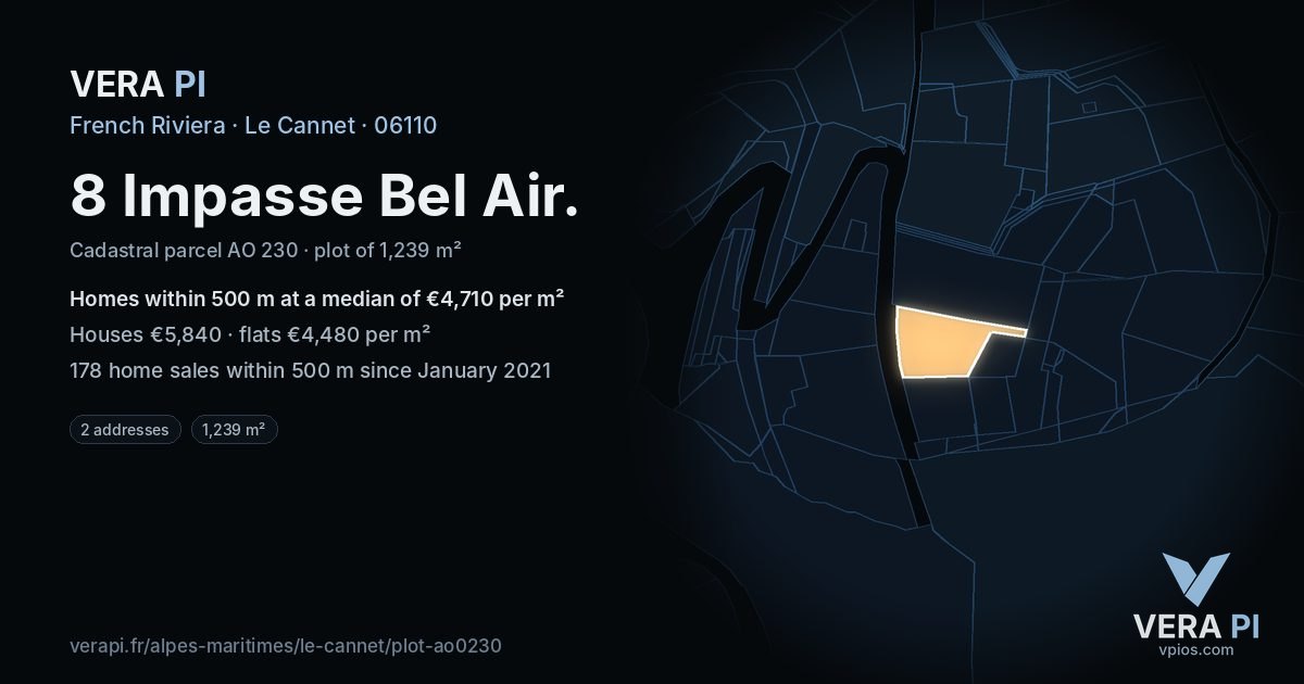 8 Impasse Bel Air, Le Cannet at night – the plot lit, the parcels around coloured by the prices near them