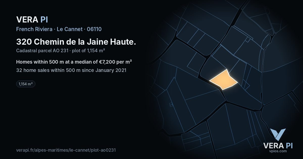 320 Chemin de la Jaine Haute, Le Cannet at night – the plot lit, the parcels around coloured by the prices near them