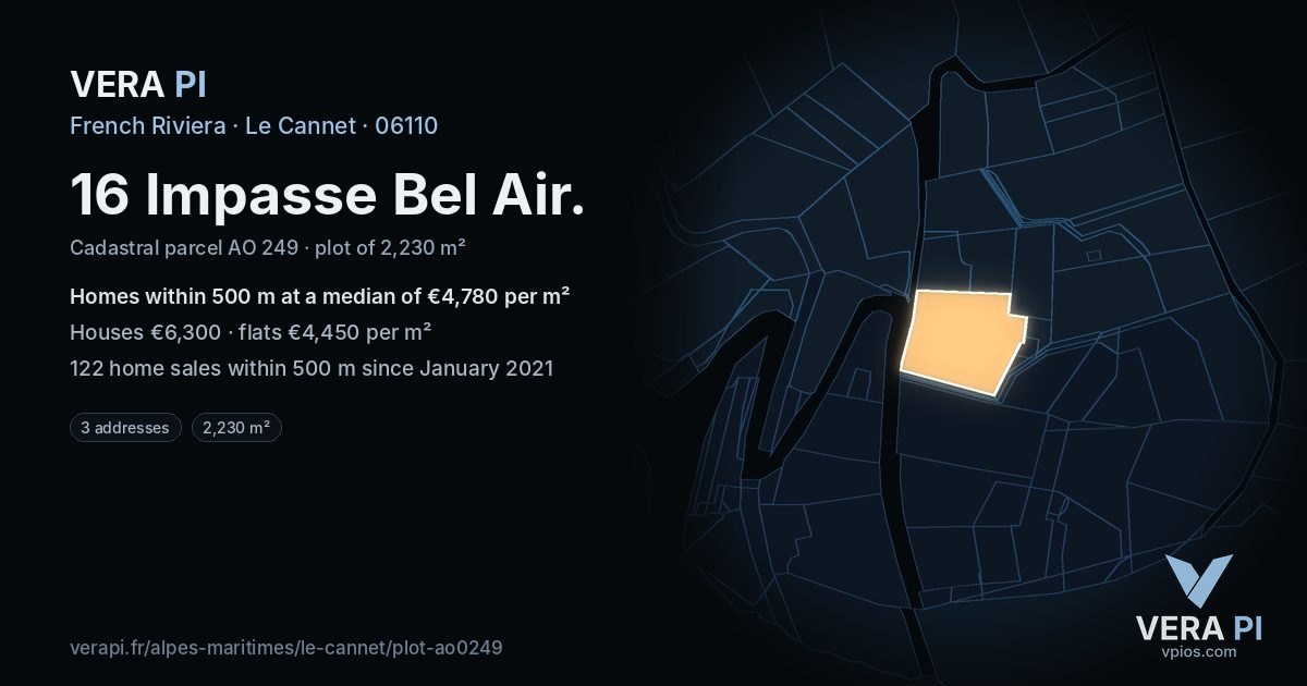 16 Impasse Bel Air, Le Cannet at night – the plot lit, the parcels around coloured by the prices near them