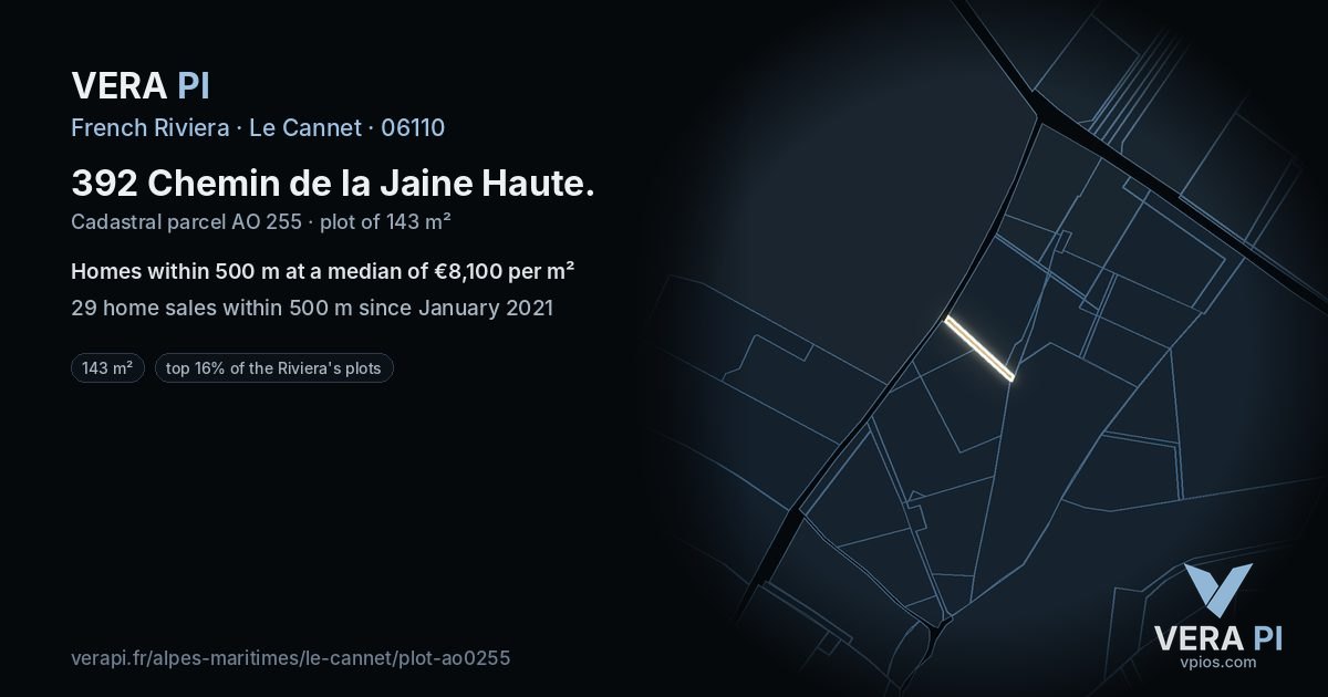 392 Chemin de la Jaine Haute, Le Cannet at night – the plot lit, the parcels around coloured by the prices near them