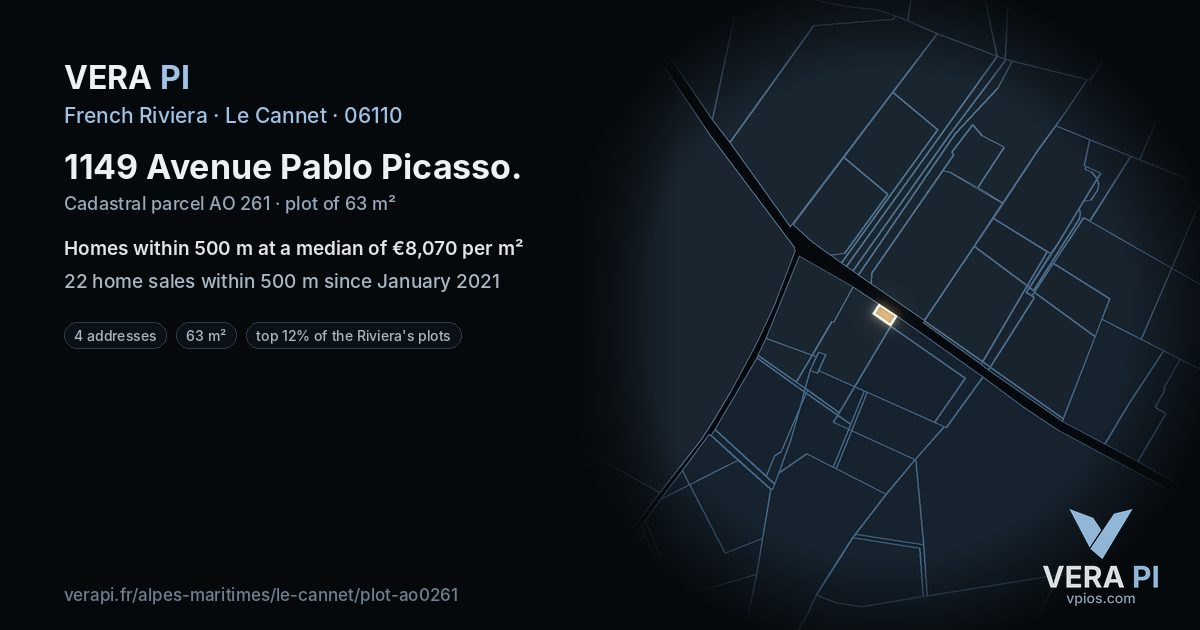 1149 Avenue Pablo Picasso, Le Cannet at night – the plot lit, the parcels around coloured by the prices near them