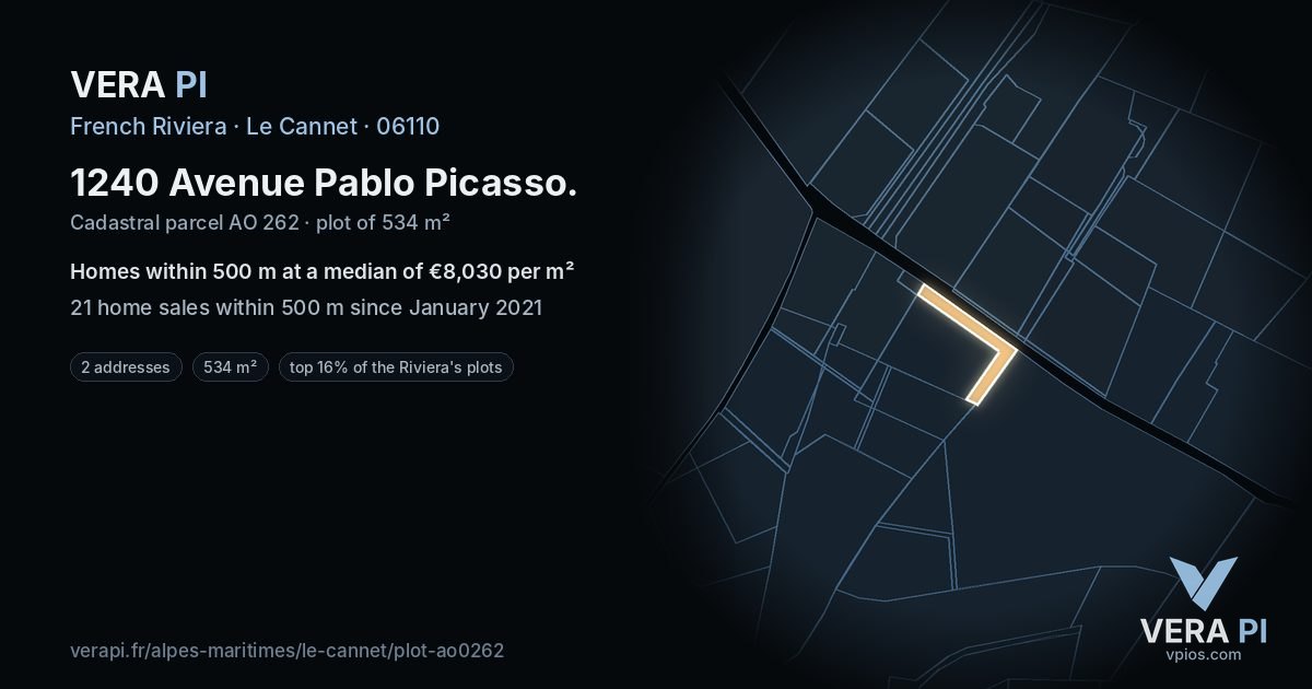 1240 Avenue Pablo Picasso, Le Cannet at night – the plot lit, the parcels around coloured by the prices near them