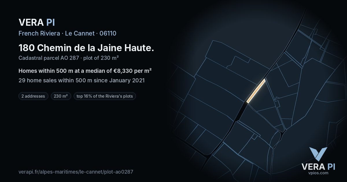 180 Chemin de la Jaine Haute, Le Cannet at night – the plot lit, the parcels around coloured by the prices near them