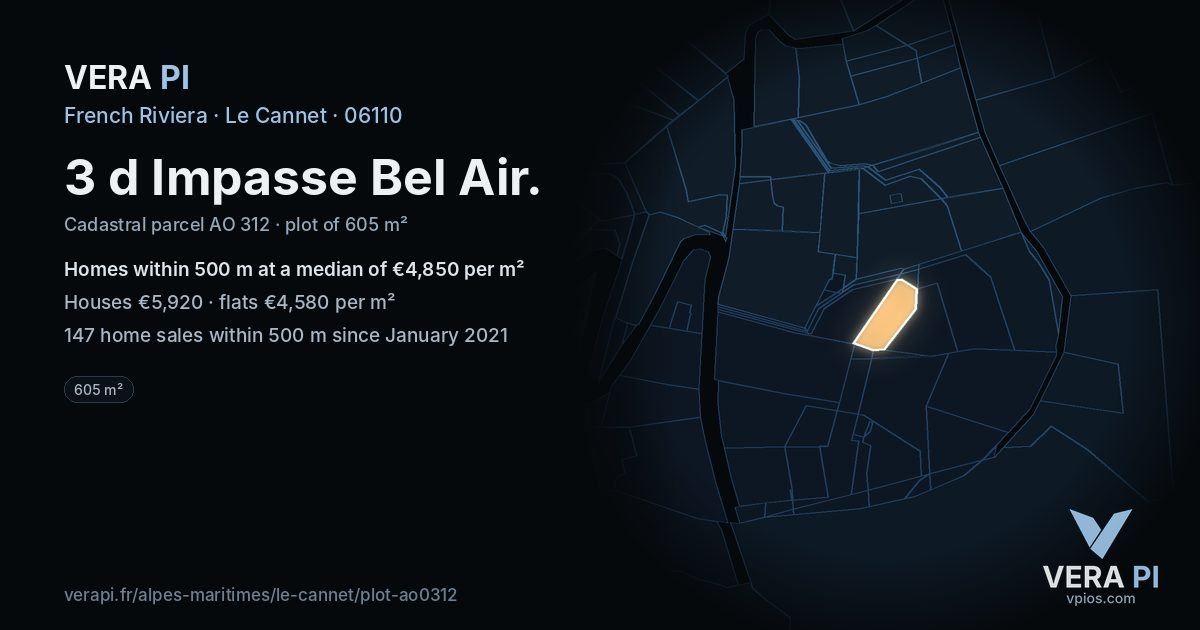 3 d Impasse Bel Air, Le Cannet at night – the plot lit, the parcels around coloured by the prices near them