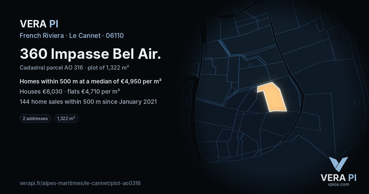 360 Impasse Bel Air, Le Cannet at night – the plot lit, the parcels around coloured by the prices near them