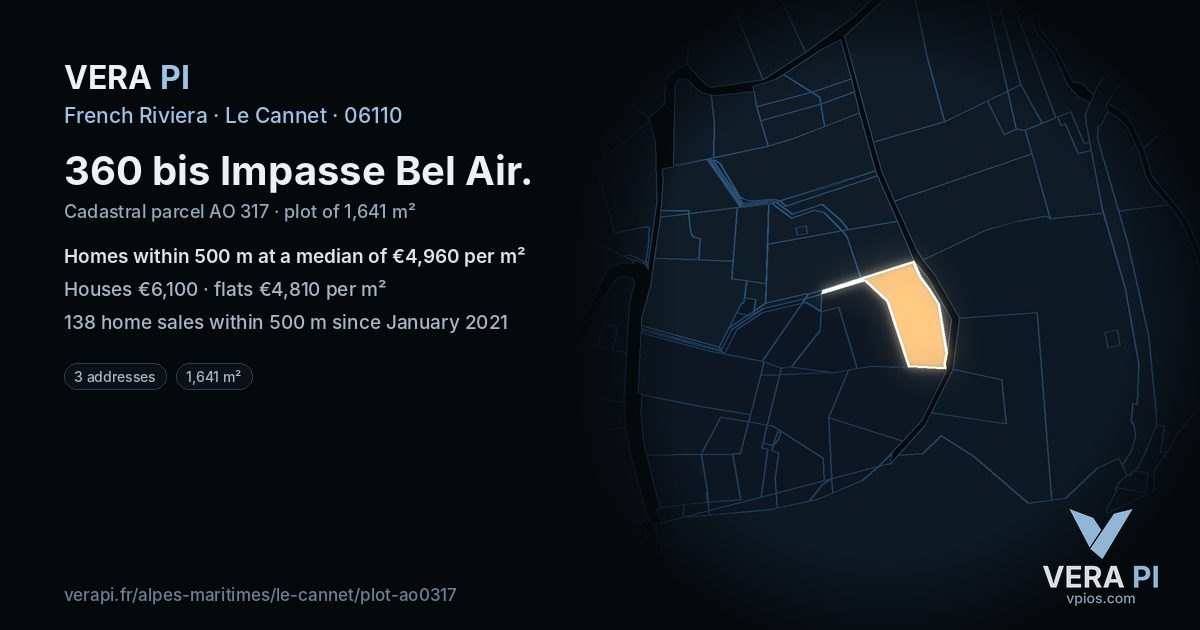 360 bis Impasse Bel Air, Le Cannet at night – the plot lit, the parcels around coloured by the prices near them