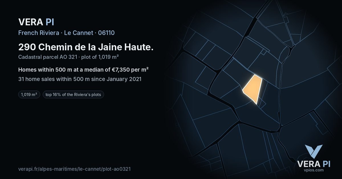 290 Chemin de la Jaine Haute, Le Cannet at night – the plot lit, the parcels around coloured by the prices near them