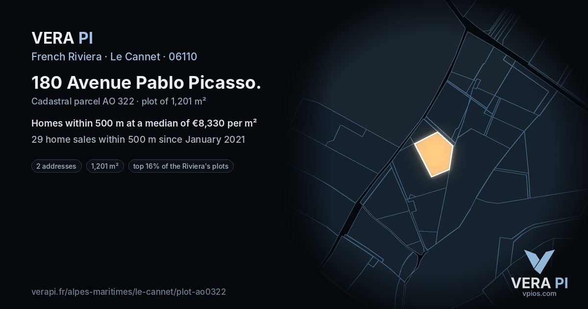 180 Avenue Pablo Picasso, Le Cannet at night – the plot lit, the parcels around coloured by the prices near them